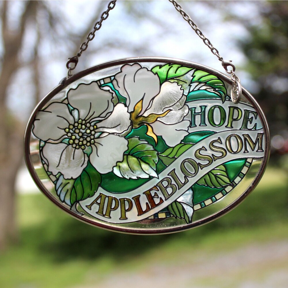 Apple Blossom AMIA Suncatcher Hope oval glass white green floral hand painted